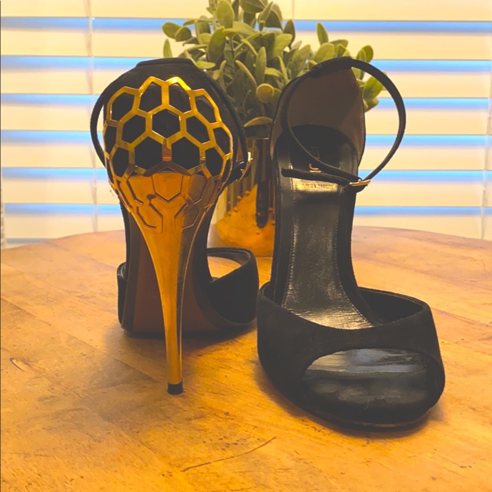 Fendi black suede peep toe cage heel